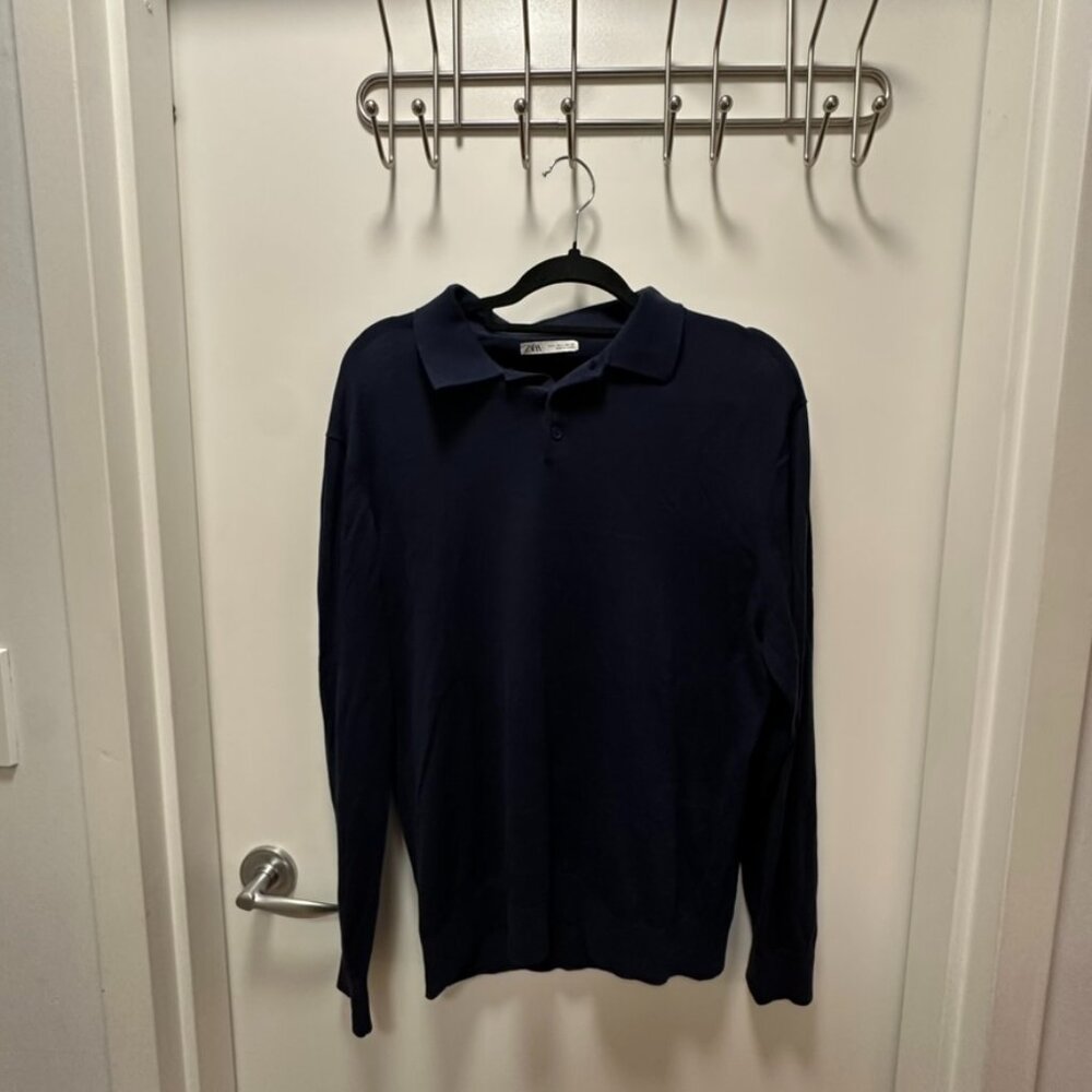 ZARA Long Sleeve Formal Knit Work Shirt - Dark Blue Navy Size L